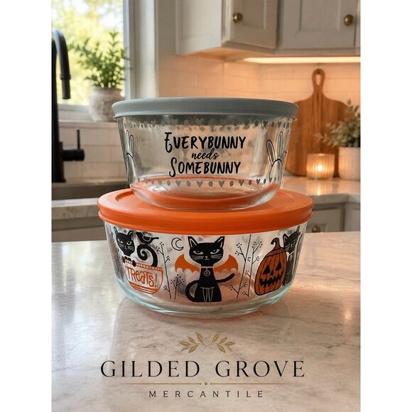 Pyrex Other - Pyrex Halloween Easter Glass Storage Bowls w Lids Black Cat Bunny Set